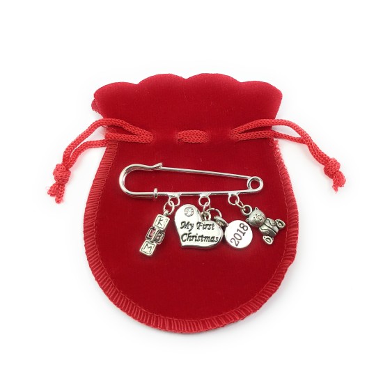 My First Christmas 2018 Nappy Safety Pin with Baby Letter Blocks Charm and Teddy Bear Charm
