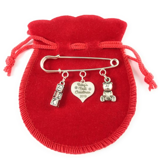 Baby's First Christmas 2019 Nappy Safety Pin with Baby Letter Blocks Charm and Teddy Bear Charm