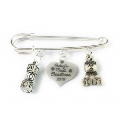 Baby's First Christmas 2019 Nappy Safety Pin with Baby Letter Blocks Charm and Teddy Bear Charm