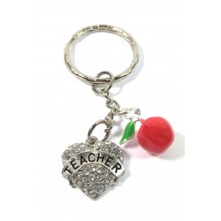Teacher Charm with Rhinestones and Red Apple Charm Keyring