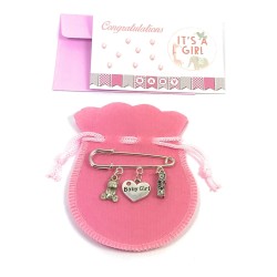 Baby Girl Nappy Safety Pin Keepsake Charms - Teddy Bear and Letter Blocks