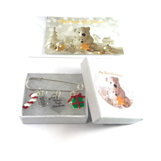 Baby's First Christmas 2020 Nappy Safety Pin Keepsake Charms with Candy Cane and Gift Box