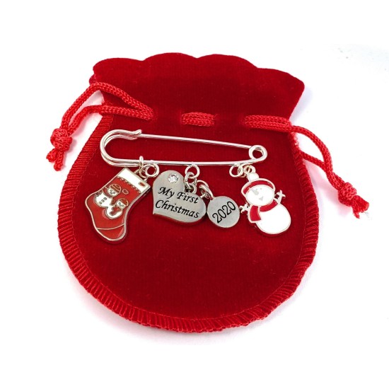 Baby's First Christmas 2020 Baby Keepsake Brooch Pin with Santa and Christmas Stocking Charms