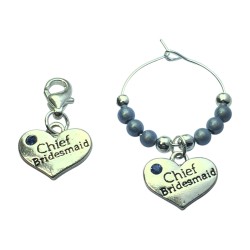 Set of  2  Chief Bridesmaid Clip on Charm and Wine Glass Charm with Blue Rhinestone