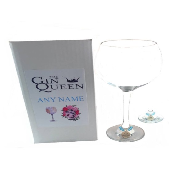 Large Balloon Shaped Gin and Tonic Glass with Gin Queen Stem Glass Charm and Personalised Gift Box