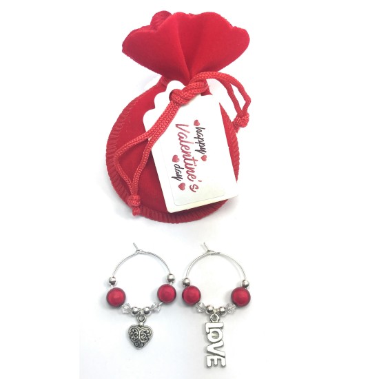 Love Wine Glass Charms - Valentine's Day - Anniversary Wine Glass Charms in a Red Velvet Gift Bag