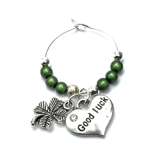 Good Luck Wine Glass Charm with a Four Leaf Clover and green Rhinestone 